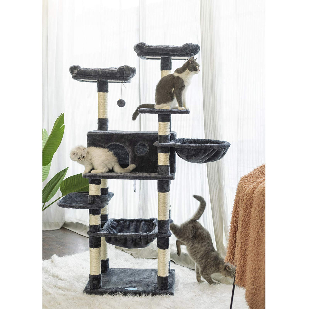Cat Tree for Large Cats, Cat Tower with Scratching Posts, 2 Padded Plush Perches, Big Condo and Cozy Basket, Smoky Gray MPJ025G