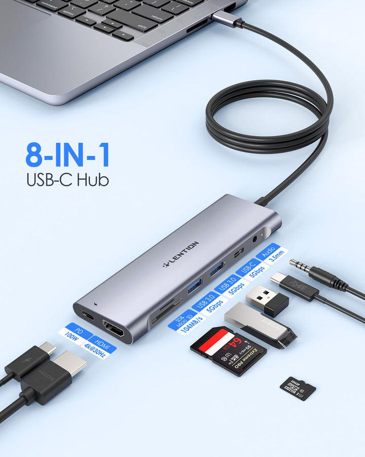 3.3FT Long Cable USB C Hub with 4K HDMI, 2 USB 3.0, Card Reader, Aux, Type C Data/Charging Compatible 2023-2016 MacBook Pro, Mac Air/Surface, More, Stable Driver Adapter (CB-C37, Space Gray)