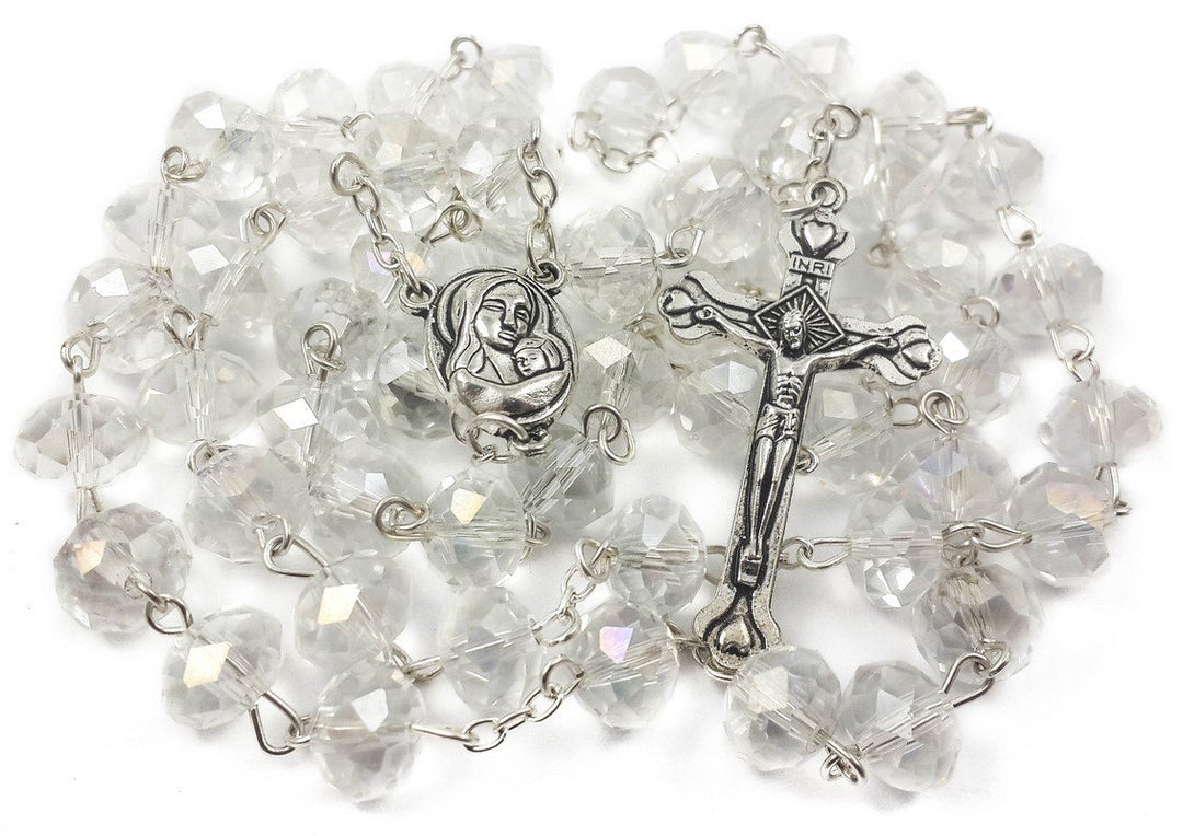White Clear Crystal Beads Rosary Prayer Beaded Necklace with Holy Soil Medal and Jesus Cross Communion Rosary