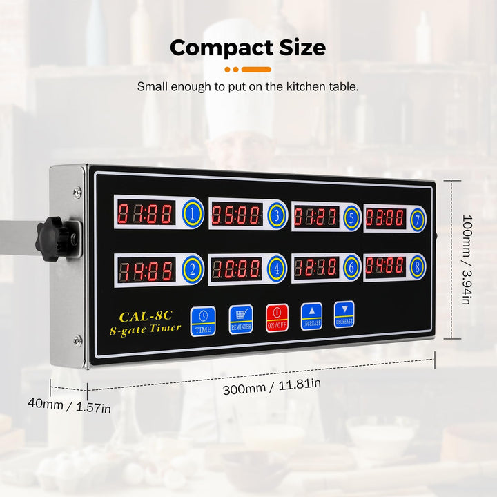 8-Channel Digital Kitchen Timer Commercial Cooking Fryer Reminder Loud Ring Alarm Stainless Steel Adjustable Volume