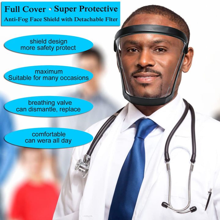 Unisex Super Protective Anti-Fog Face Shield with Detachable Flter, Hd Transparent Full Face shield,Reusable Eye, Nose, Mouth Protection (Black)