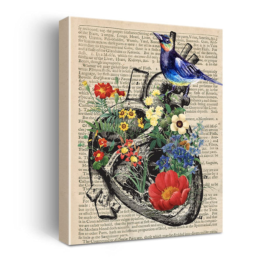 Vintage Human Anatomy Poster - Anatomy Canvas Wall Art Anatomical Bird on Heart Floral Canvas Print Painting Ready to Hang Gifts for Home/Office/Medical School Decor - Easel & Hanging Hook 12x15 Inch