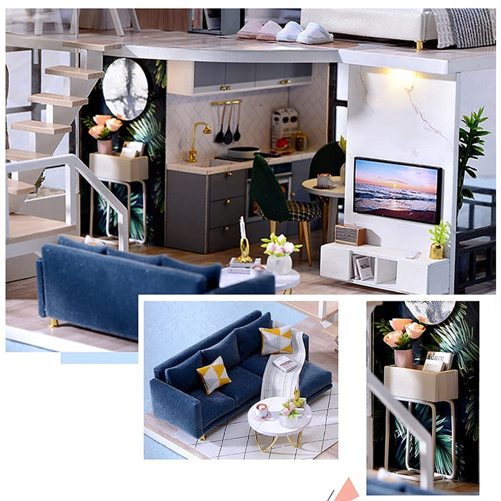 DIY Dollhouse Miniature Wooden Furniture Kit, Doll House Kit with Dust Proof Cover Music Box, Mini Handmade Wooden Dollhouse Toys for Adult Gift(L32)