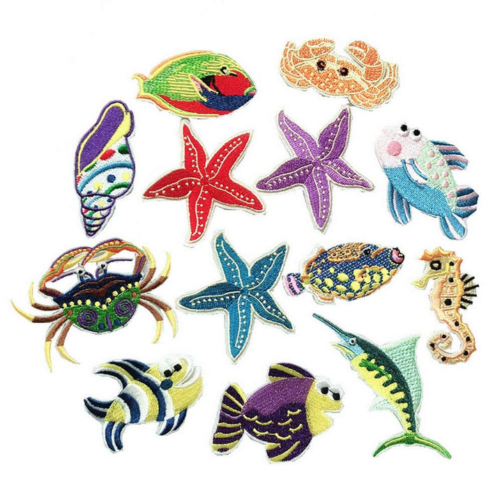 13 Pcs Seabed Ocean Animals Patches Embroidered Iron on Patch for Clothing Badges DIY Stickers Sew Applique
