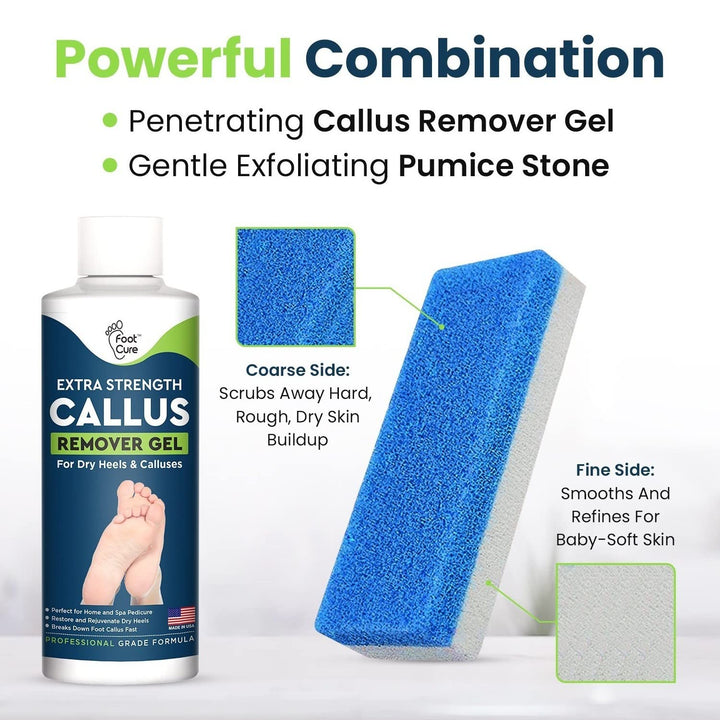 Callus Remover for Feet with Extra Strength Gel &amp; Foot Pumice Stone Set - Easy Way to Remove Hard Calluses &amp; Dead Skin Build-Up - Professional at-Home Foot Care for Men &amp; Women - Made in The USA