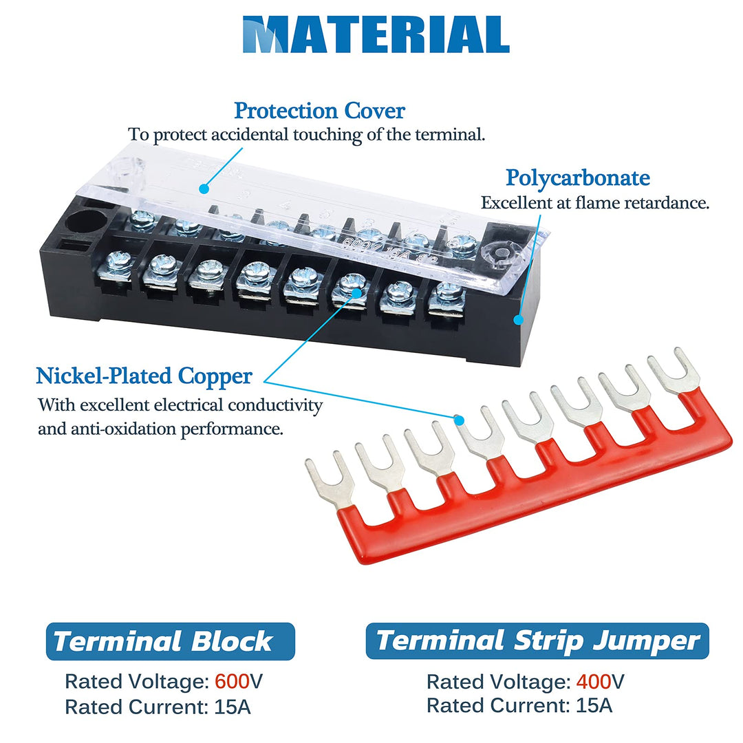 Terminal Strip Blocks, 5 Sets 8 Positions 600V 15A Waterproof Terminal Junction Block with Cover Dual Row Screw Terminal Strip + 400V 15A Pre-Insulated Terminal Barrier Strip Jumper