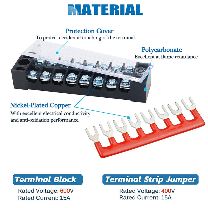 Terminal Strip Blocks, 5 Sets 8 Positions 600V 15A Waterproof Terminal Junction Block with Cover Dual Row Screw Terminal Strip + 400V 15A Pre-Insulated Terminal Barrier Strip Jumper