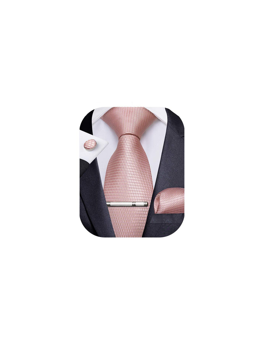 Plaid Ties for Men Silk Checkered Necktie and Pocket Square Cufflinks Tie Clip Set with Gift Box for Wedding Business, Rose Gold