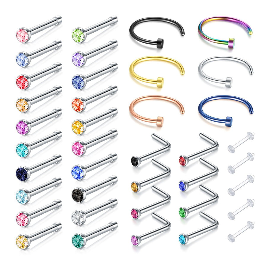 22G Nose Rings Stainless Steel Nose Rings Hoop Tiny L Shape Nose Studs Small Nose Bone Colorful Pack for Women Men 17-39 Pcs