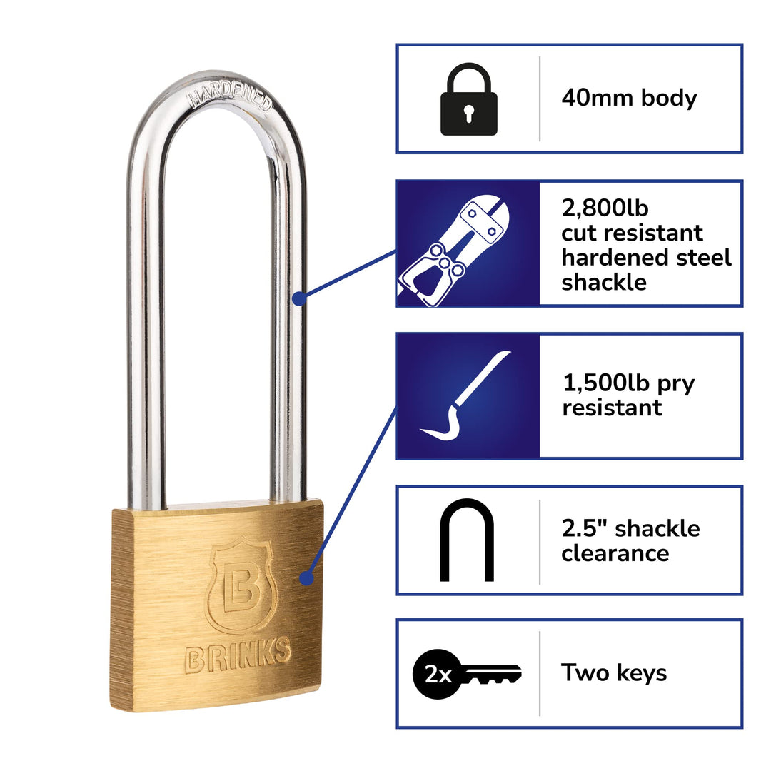 - 40mm Solid Brass Keyed Padlock with 2.5” Shackle Clearance, (171-42001)
