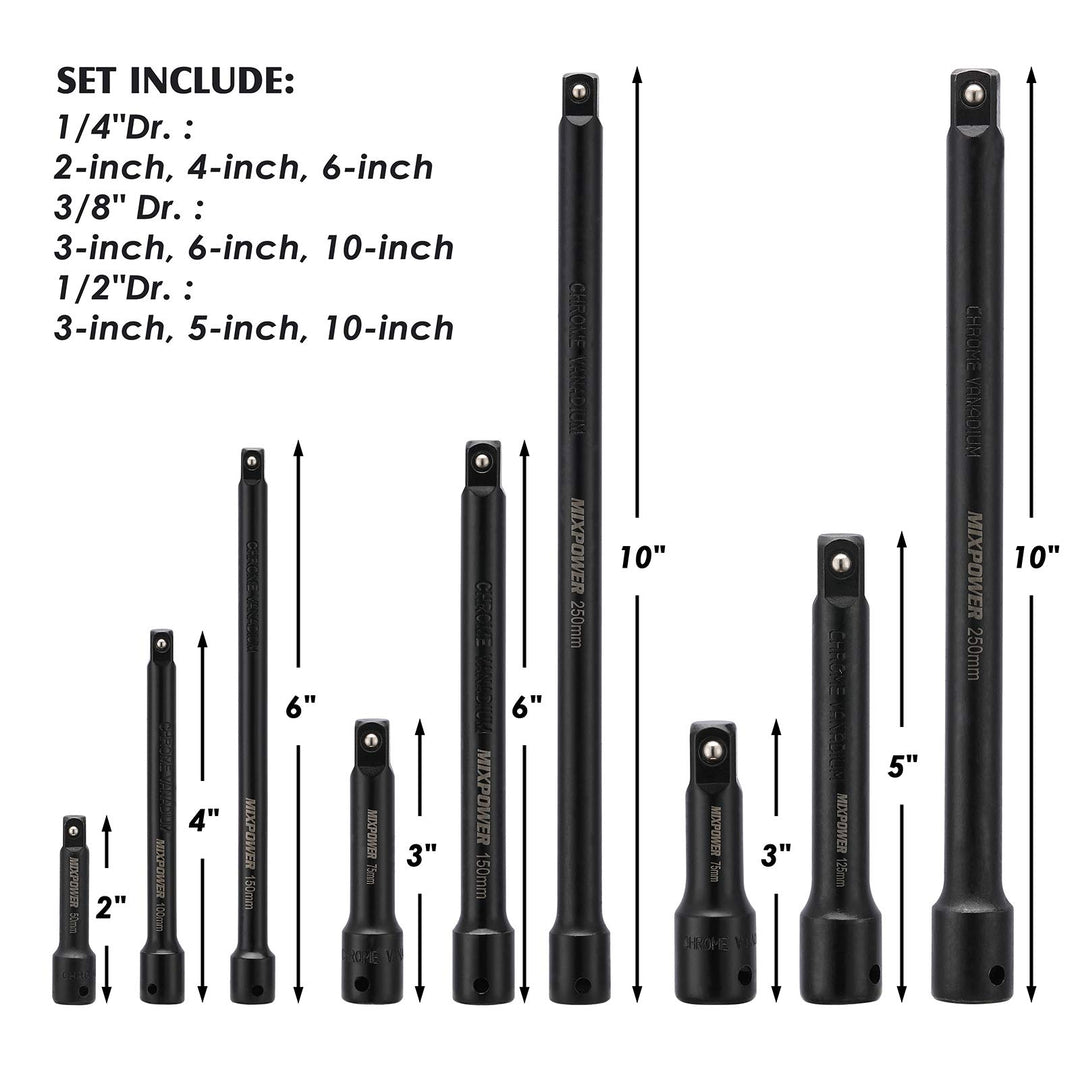 9-Piece Extension Bar Set, 1/4, 3/8 and 1/2 Drive Socket Extension, Premium Chrome Vanadium Steel with Black Phosphate Finish, Engineered for Impact Drivers