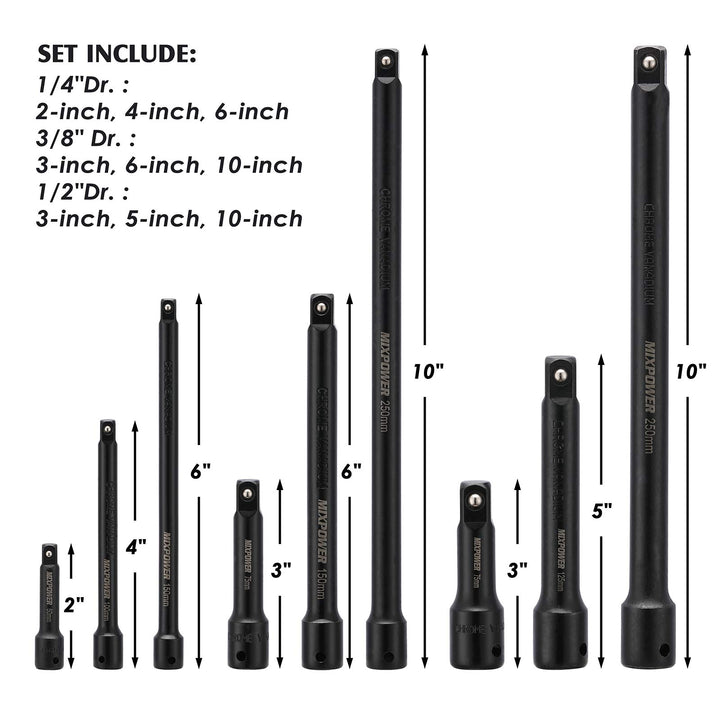 9-Piece Extension Bar Set, 1/4, 3/8 and 1/2 Drive Socket Extension, Premium Chrome Vanadium Steel with Black Phosphate Finish, Engineered for Impact Drivers