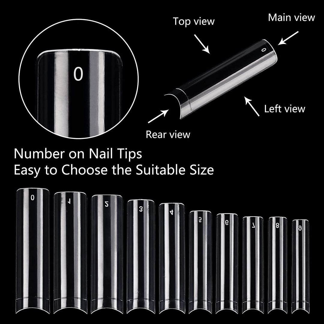 Clear Acrylic Nail Tips - No C Curve XXL Square Nail Tips 500pcs Extra Long Half Cover False Nails for Nail Salons, DIY Nail Art 10 Sizes with Box (Clear)