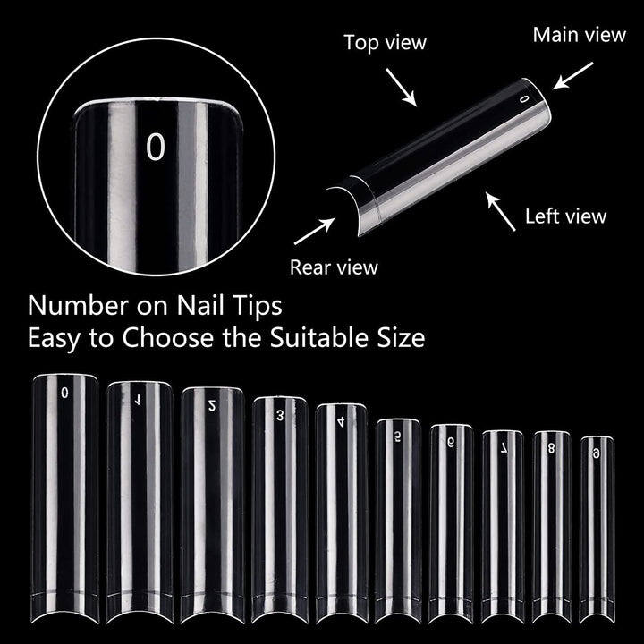 Clear Acrylic Nail Tips - No C Curve XXL Square Nail Tips 500pcs Extra Long Half Cover False Nails for Nail Salons, DIY Nail Art 10 Sizes with Box (Clear)