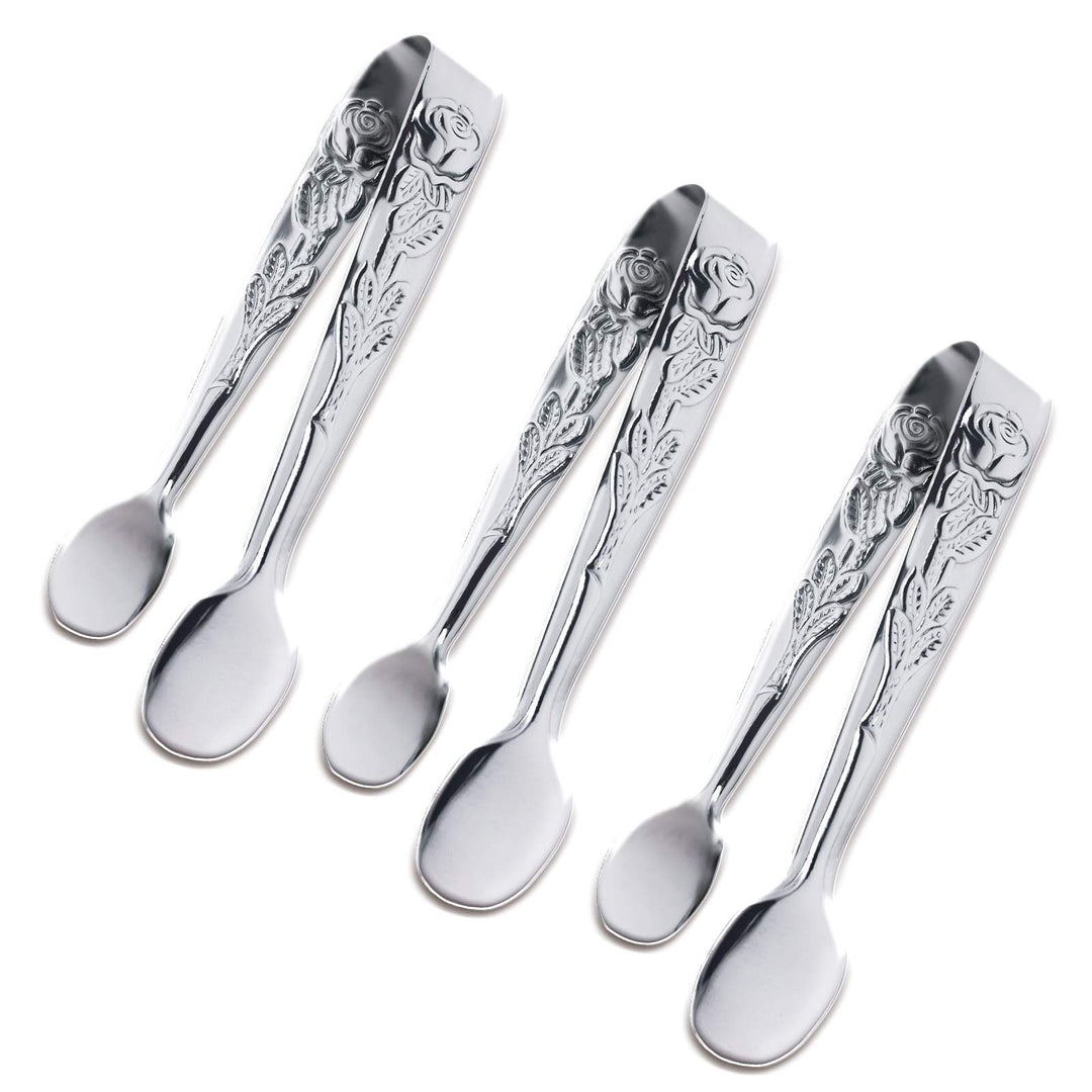 3PCS Mini Serving Tongs, 4Inch Rose Stainless Steel Sugar Cube Tongs, Sliver Small Ice Tongs for Tea and Coffee Party, Appetizers, Desserts (Silver)