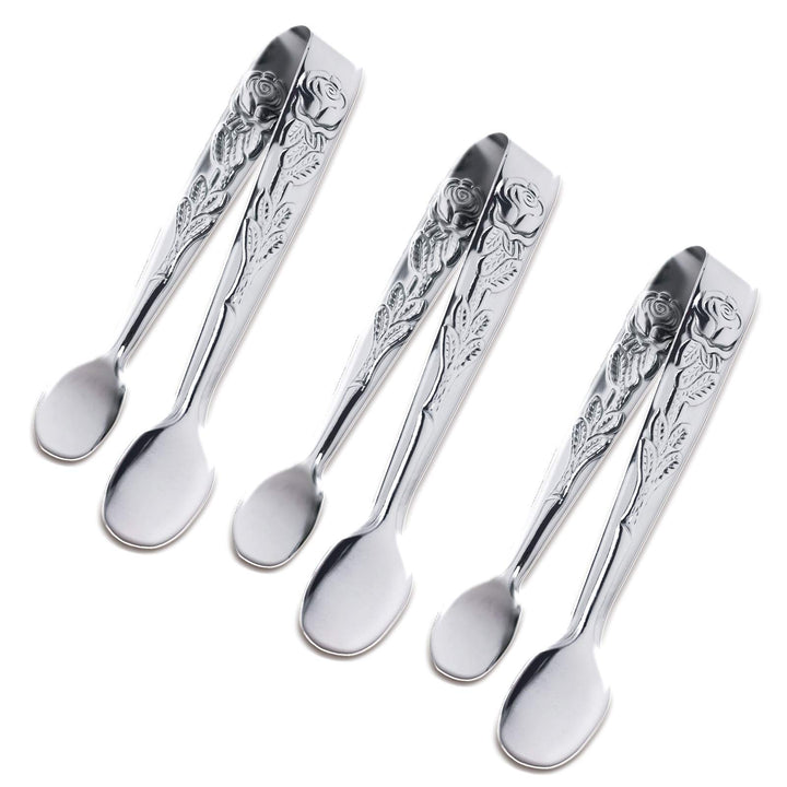 3PCS Mini Serving Tongs, 4Inch Rose Stainless Steel Sugar Cube Tongs, Sliver Small Ice Tongs for Tea and Coffee Party, Appetizers, Desserts (Silver)