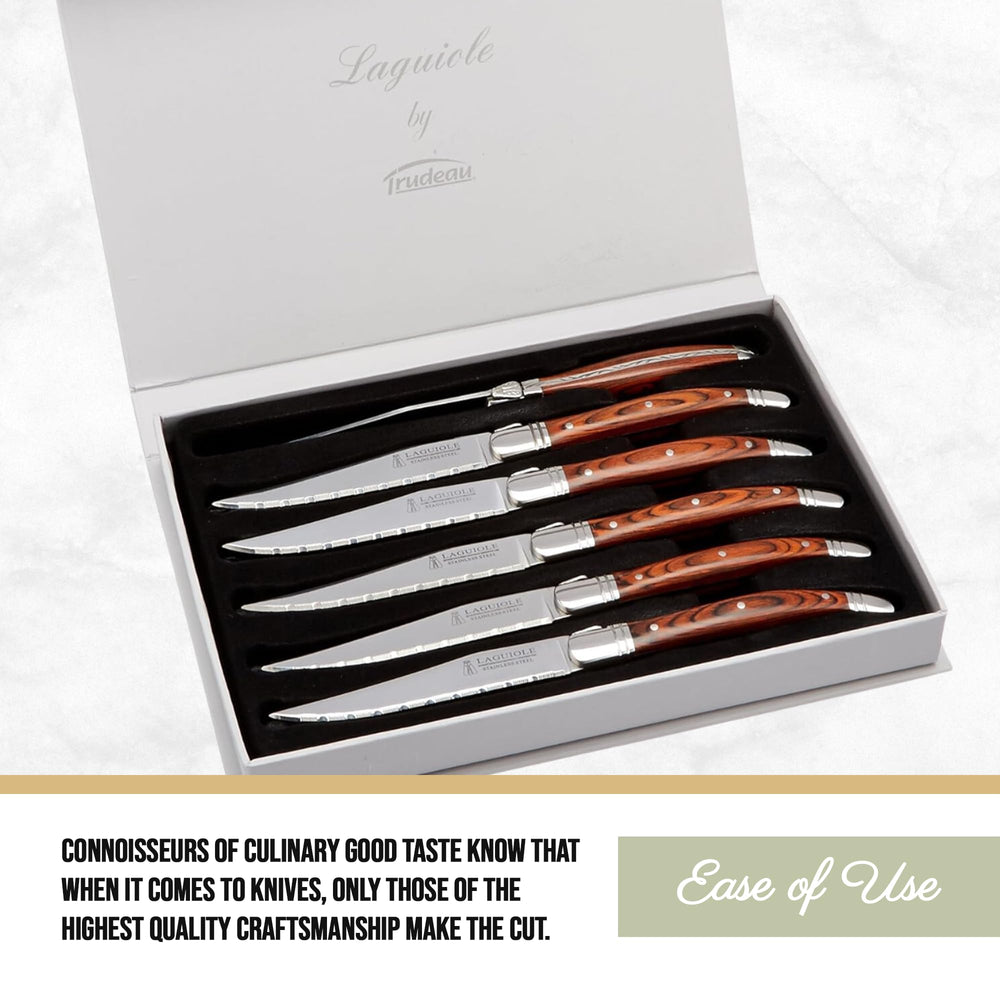 Set of 6-Brown & Gray Laguiole Steak Knives with Pakkawood Handles, Stainless/Wood