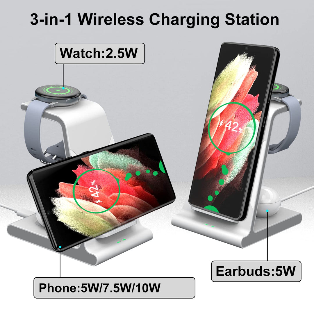 Wireless Charger for Samsung Galaxy S23 Ultra S22 Z Flip 3/Fold 3 S21 FE, 3 in 1 Wireless Charging Station for S21/20/10/9, Galaxy Watch 7/6/5/4/3/1/Active 2/1/Buds/Pro, Gear S4/3 Sport (White)
