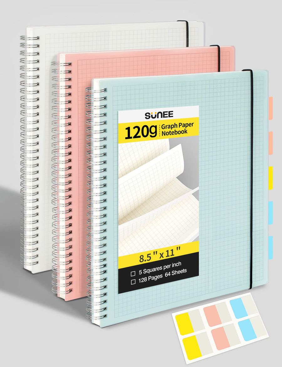 SUNEE Graph Paper Notebook - 3 Pack Large Spiral Grid N
