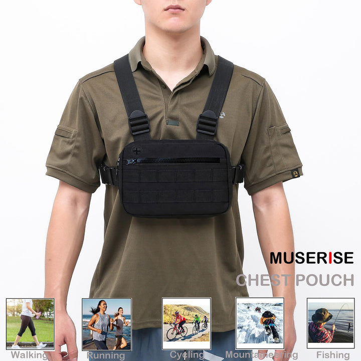 Outdoor Water Resistant Chest Bag for Men,Tactical EDC Chest Pack with Built-in Phone Holder, Lightweight Utility Chest Rig Pouch for Workouts, Running,Cycling,Hiking (M, Black)