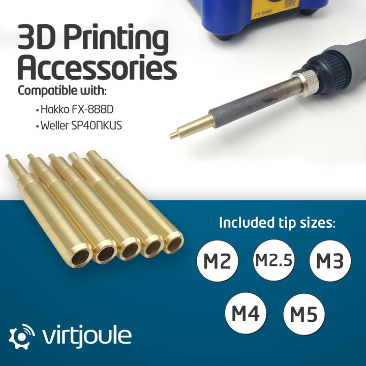 Heat Set Insert Tips for Sizes M2, M2.5, M3, M4, and M5 - Soldering Iron Tips for 3D Printer Users, 3D Printing Accessories Compatible with Hakko FX-888D and Weller SP40NKUS Soldering Irons