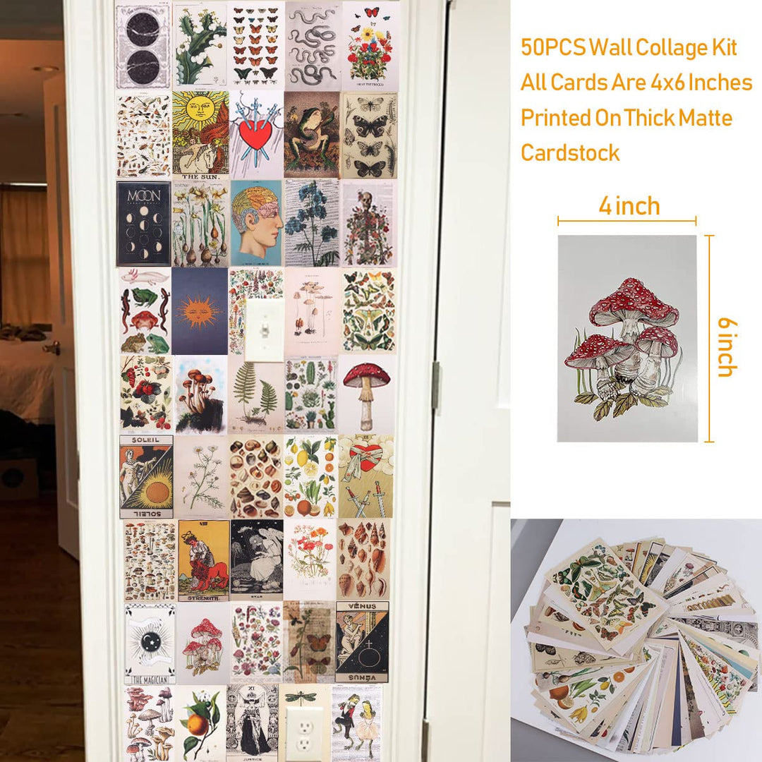 Wall Collage Kit,50 Pcs Vintage Botanical Wall Collage Posters Aesthetic Pictures for Tarot Boho Botanical Illustrations Nature Posters,Teen and Girls Dorm Room Art Aesthetic