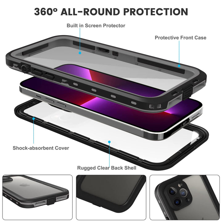 iPhone 13 Pro Max Waterproof Case, Built-in Screen Protector, Dust-Proof, Shockproof, Full Body Protection, 6.7 2021- Black