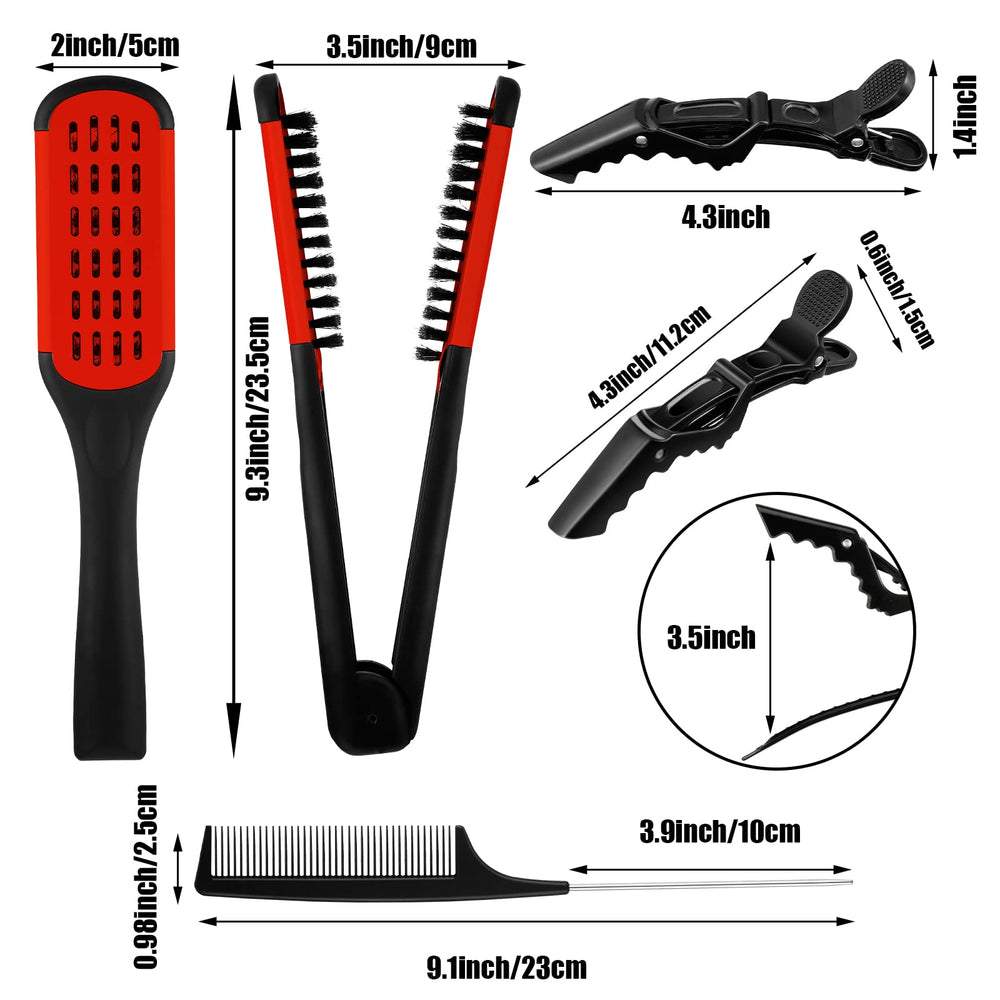 Hair Straightening Comb Boar Bristle Clamp Hair Brush Double Sided Hair Straightener Hair Splint Comb with 5 Pieces Alligator Hair Clips, Pin Rat Tail Comb for Hair Styling Curling Tools (Red Comb)