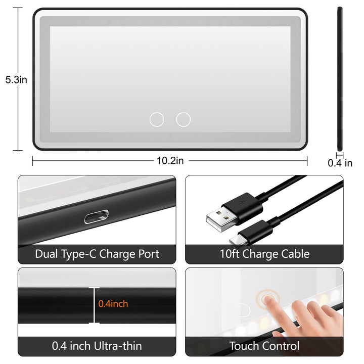 Car Sun Visor Vanity Mirror Rechargeable with 3 Light Modes &amp; 60 LEDs for Car Truck SUV Rear View with Dimmable Touch Screen,Car Mirror as A Gifts for Women Valentine&#39;s Day (Black)
