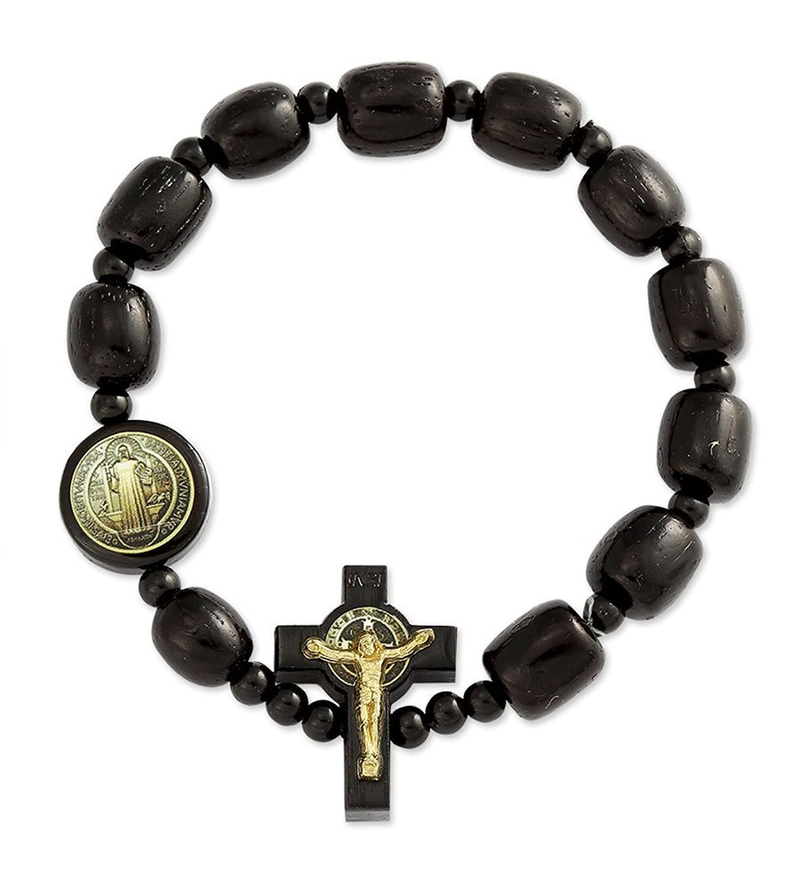 Catholic Religious Wear Elasticated Saint Benedict Wooden Beads Decade Rosary Stretchable Bracelet for Men and Women - Black