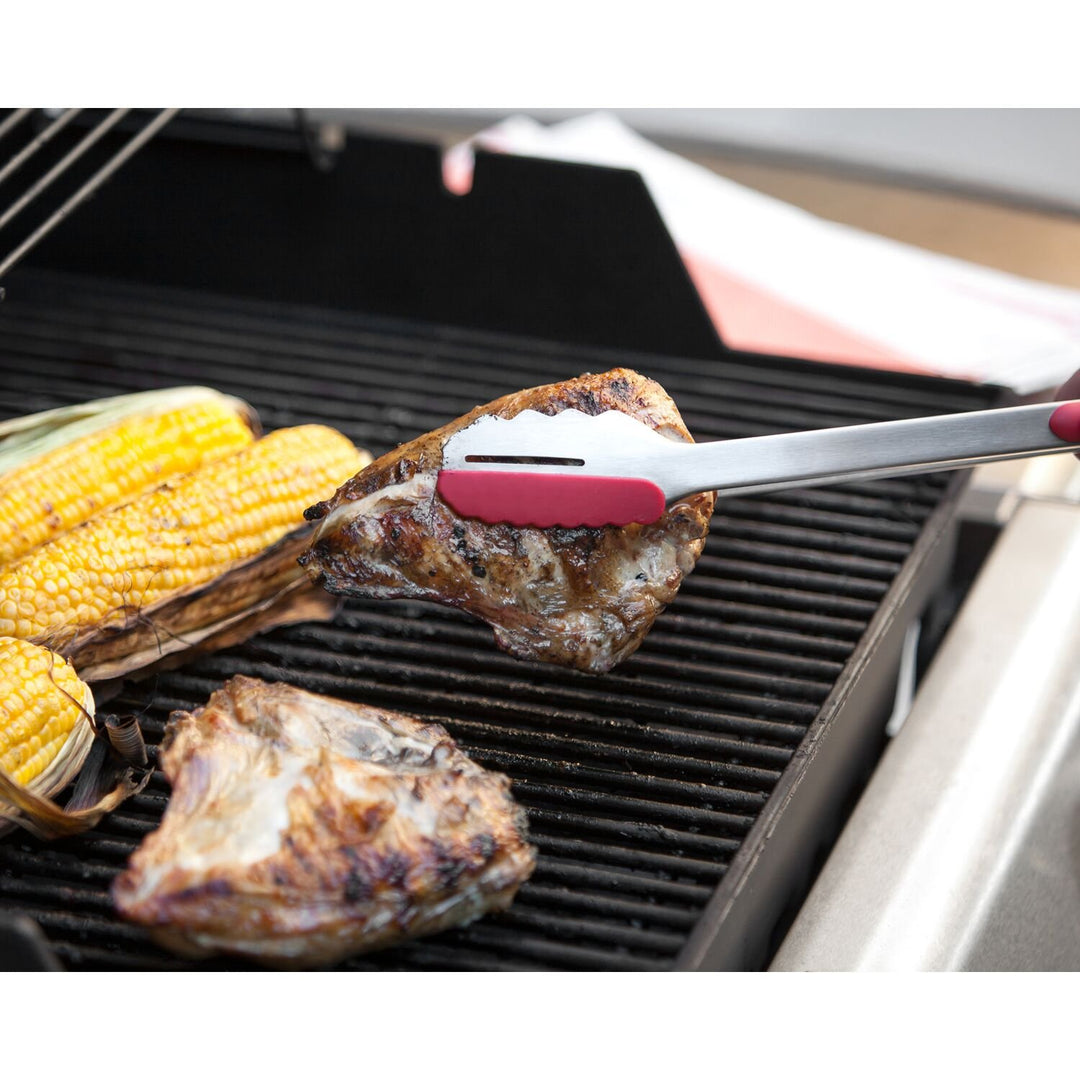 Locking BBQ Grilling Tongs with Stainless Steel and Silicone Heads, 15-Inch, Silver