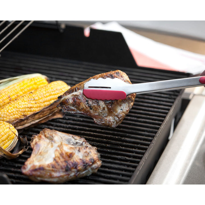 Locking BBQ Grilling Tongs with Stainless Steel and Silicone Heads, 15-Inch, Silver