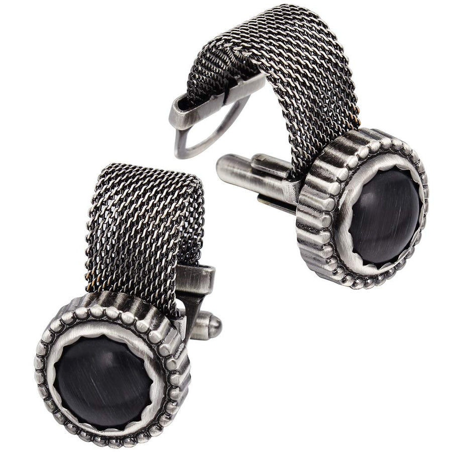 Mens Cufflinks with Chain - Stone and Anti-silver Tone 