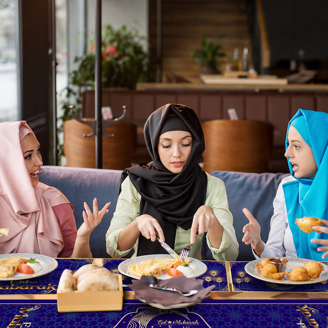 7PCS Eid Mubarak Table Runner and Placemats Ramadan Table Runner Table Mats Golden Star Moon Lantern Ramadan Decor Sets Eid Al-Fitr Ramadan Mubarak Party Home Dinning Room Table Decorations