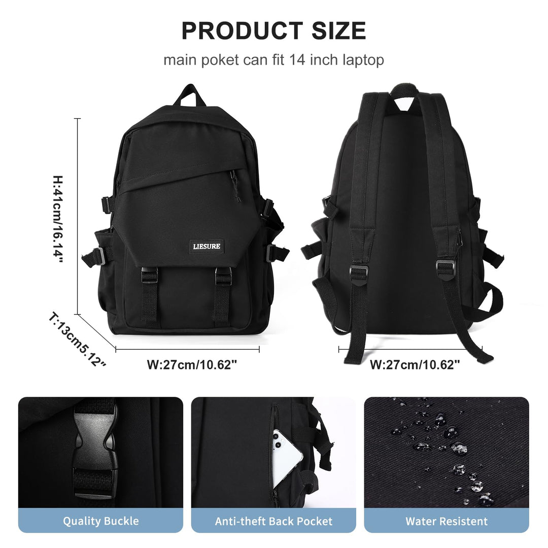 College Backpack Waterproof Black College Bags For Women Lightweight Travel Rucksack Casual Daypack Laptop Backpacks For Men Women(Black)