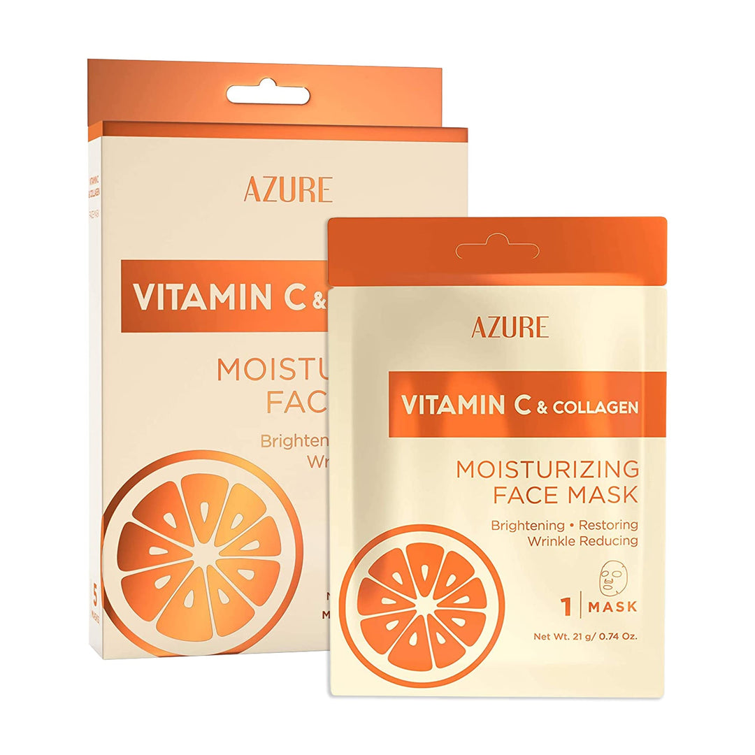 AZURE Vitamin C &amp; Collagen Moisturizing Sheet Face Mask - Brightening, Restoring &amp; Hydrating | Reduces Creases, Fine Lines &amp; Wrinkles | Diminishes Signs of Aging | Made in Korea - 5 Pack