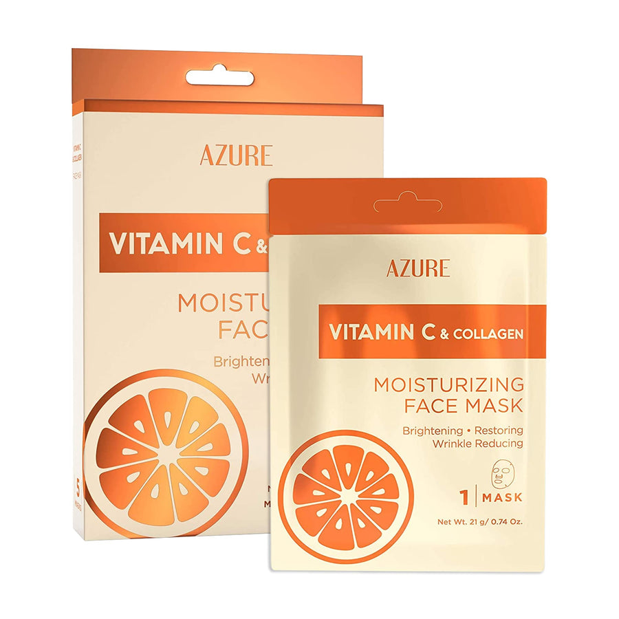 AZURE Vitamin C & Collagen Moisturizing Sheet Face Mask - Brightening, Restoring & Hydrating | Reduces Creases, Fine Lines & Wrinkles | Diminishes Signs of Aging | Made in Korea - 5 Pack