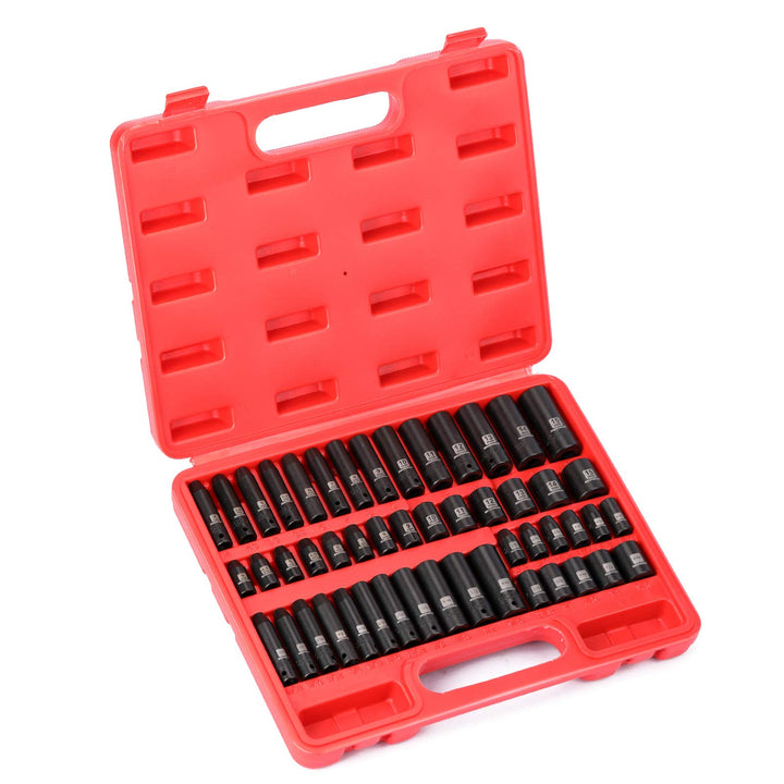 50 Pieces 1/4 Dr. Impact Socket Set, CR-V, 6 Point, SAE/Metric, 5/32 Inch - 9/16 Inch, 4mm - 15mm, Shallow/Deep
