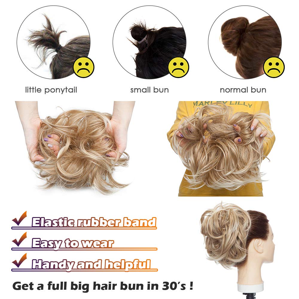 Messy Hair Bun Extensions Fluffy Tousled Scrunchie Synthetic Up Do Wavy Scrunchy Updo Chignons With Elastic Rubber Band Highlight Scrunchies Wrap On Instant Ponytail Hairpiece For Women 80g #27T613