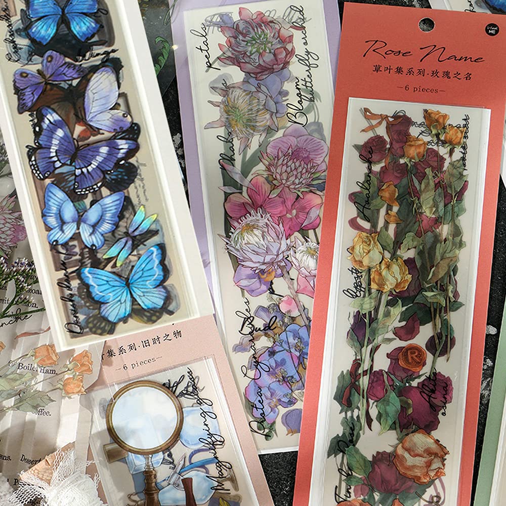 6 Pack Vintage Scrapbook Sticker Plant Rose and Butterfly Styles PET Transparent Decal for DIY Craft Card Making Scrapbook Journal and Planner