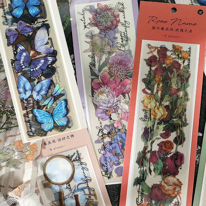 6 Pack Vintage Scrapbook Sticker Plant Rose and Butterfly Styles PET Transparent Decal for DIY Craft Card Making Scrapbook Journal and Planner