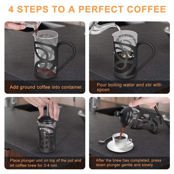 French Press Coffee Maker, 3 Level Filtration System, Coffee Press with Heat Resistant Borosilicate Glass, 12oz Coffee French Press with Coffee Scoop w/Clip &amp; 2 Extra Filters (Black)