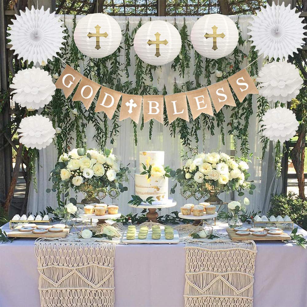 First Communion Banner Kit, Baptism Decorations for Boys Girls, First Communion Confirmation Decorations,God Bless Banner and White Decorations - White Set