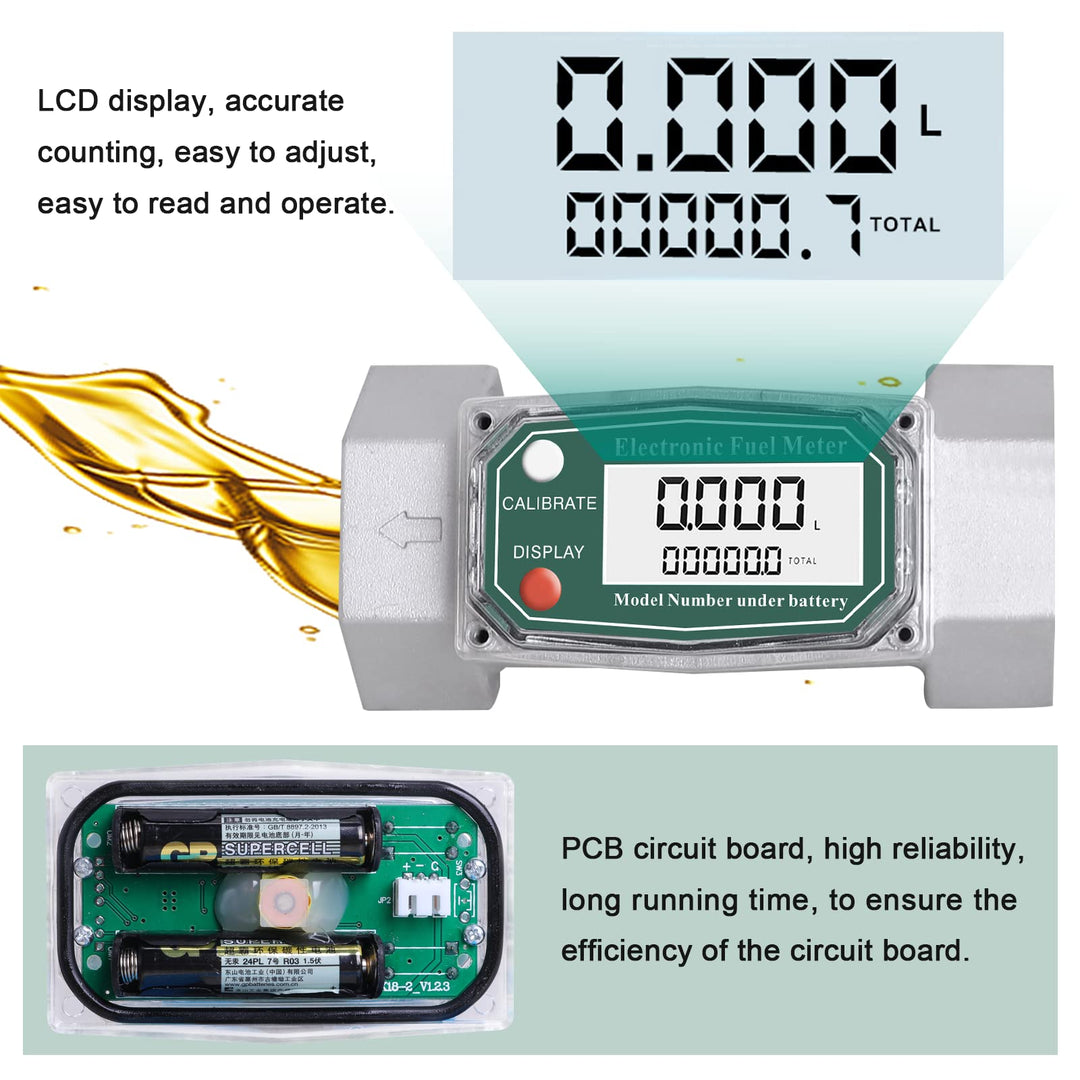 Turbine Flow Meter Electronic Digital Flow-Meter Aluminum Alloy Liquid Water Diesel Gasoline Methanol Kerosene Oil (1.5 inch Meter)
