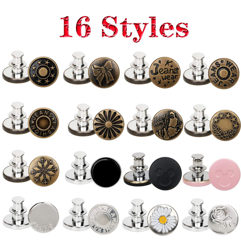 Adjustable Jeans Button Pins Instant, 16 Sets Button Pins for Jeans No Sew Detachable Pants Waist Instant Button in Seconds DIY(17mm)