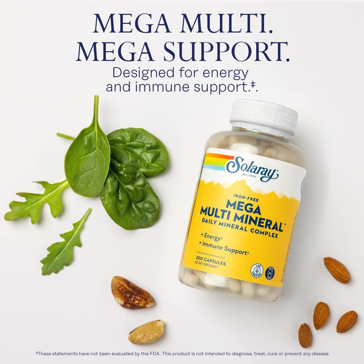 Iron-Free Mega Multi Mineral - Daily Mineral Complex w/Calcium, Magnesium, Zinc and More, Absorbable Chelated Forms, Energy and Immune Support, 60-Day Guarantee, 50 Servings, 200 Capsules