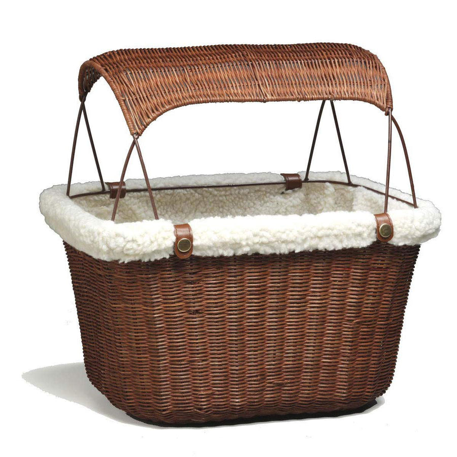 Happy Ride Wicker Bicycle Basket for Dogs and Cats - Stylish Weather Resistant Wicker Material - Comfortable, Easy to Clean Soft Liner - Removable Sun Shield Included - for Pets up to 13 lb