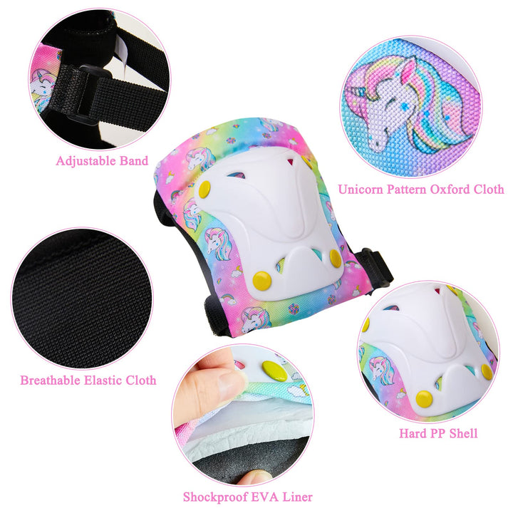 Knee Pads for Kids Unicorn Knee Elbow Pads Wrist Guards with Drawstring Bag Adjustable Protective Gear Set for Girls Boys Inline Skating Bike Cycling Skateboard Scooter, 3-8 Years, Rainbow