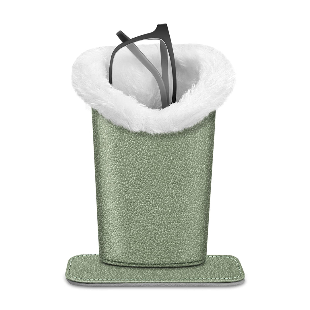 Plush Lined Eyeglasses Holder with Magnetic Base- Premium Vegan Leather Glasses Stand Case, Sage Green