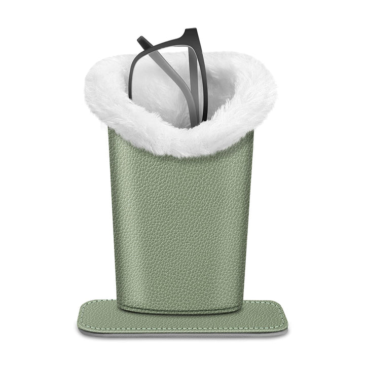 Plush Lined Eyeglasses Holder with Magnetic Base- Premium Vegan Leather Glasses Stand Case, Sage Green